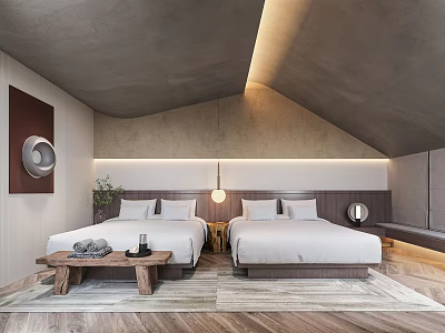 Modern Cozy Hotel Guest Room With Twin Beds Wooden Flooring And Bedside Lighting 3d model