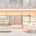 Elegant Modern Beauty Salon Interior with Pink Decor Product Displays and White Chairs