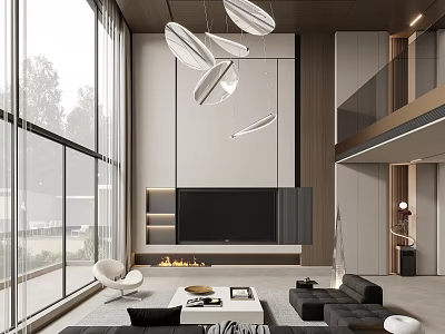Modern Duplex Living Room Interior With Floor to Ceiling Windows Fireplace And Circular Pendant Lights 3d model