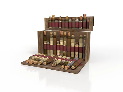Wooden Two Tiered Wine Rack Displaying Red Wine Bottles On Upper And Lower Shelves 3d model