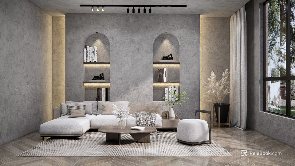 Modern Living Room Interior With Arched Niches Shelves L Shaped Sofa And Wooden Coffee Table 3d model 
