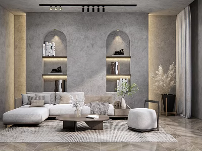 Modern Living Room Interior With Arched Niches Shelves L Shaped Sofa And Wooden Coffee Table 3d model