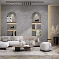 Modern Living Room Interior With Arched Niches Shelves L Shaped Sofa And Wooden Coffee Table