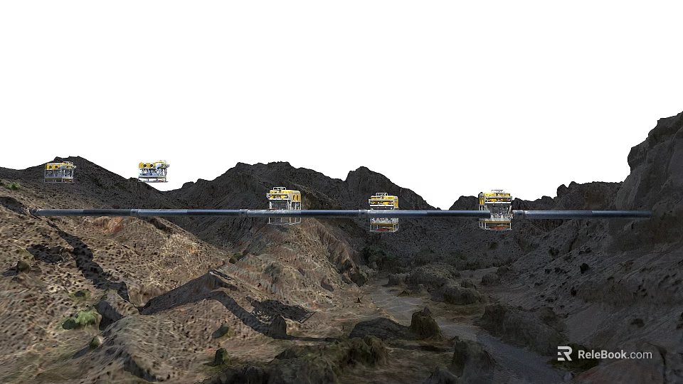 Smart Machines Operating On Mountain Bridge With Yellow Units In Rocky Terrain 3d model 