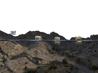 Smart Machines Operating On Mountain Bridge With Yellow Units In Rocky Terrain 3d model
