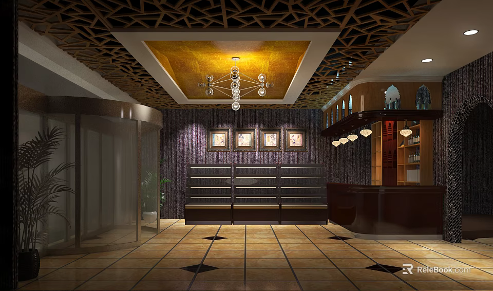 Elegant Front Desk Reception Area With Decorative Ceiling Chandelier Framed Artworks And Wooden Counter 3d model 
