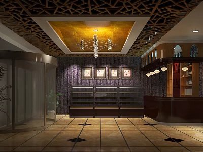 Elegant Front Desk Reception Area With Decorative Ceiling Chandelier Framed Artworks And Wooden Counter 3d model