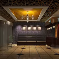 Elegant Front Desk Reception Area With Decorative Ceiling Chandelier Framed Artworks And Wooden Counter