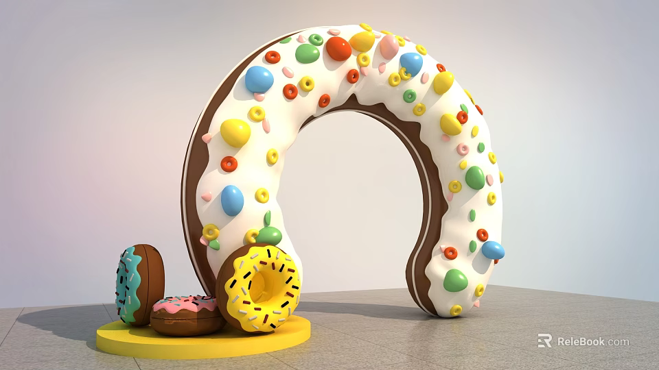 Dessert Shop Displaying Giant Ring Donut With White Frosting Colorful Candy Beans And Small Donuts 3d model 