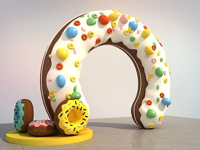 Dessert Shop Displaying Giant Ring Donut With White Frosting Colorful Candy Beans And Small Donuts 3d model