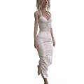 A woman wearing elegant ivory halter neck satin dress walking gracefully with side slit