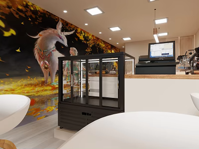 Milk Tea Shop With Mythical Creature Mural And Modern Decor 3d model