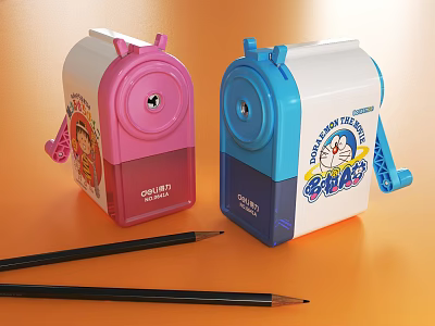 Pink And Blue Pencil Sharpeners With Cartoon Design And Black Pencils 3d model