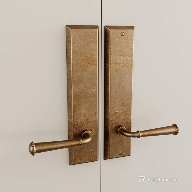 Textured Vintage Brass Door Handles with Classic Design Mounted on Wooden Door Panels 3d model 