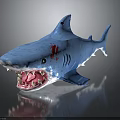 Detailed Blue Shark Figure With Open Mouth Sharp Teeth And Red Blood
