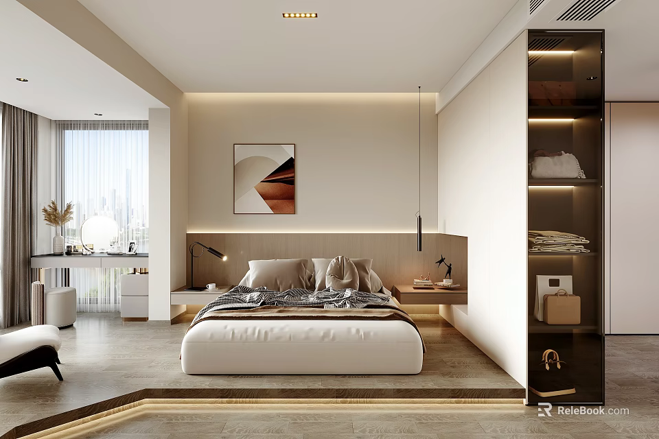 Modern Bedroom Interior With Comfortable Bed Nightstand Soft Lighting And Artwork 3d model
