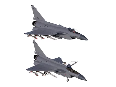 Two Gray Military Fighter Jets With Weapon Systems In Flight And Landing Gear 3d model