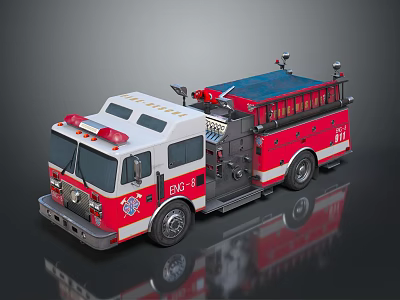 Red And White Fire Truck With Equipment Ladder And Number 31 1 On Shiny Surface 3d model