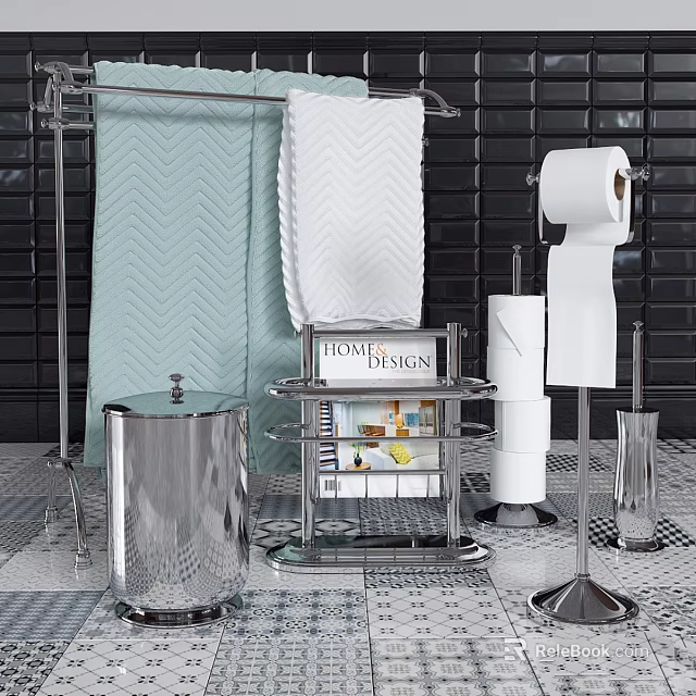 Modern Daily Washing Essentials With Soft Towels Toilet Paper And Metal Shelf 3d model 
