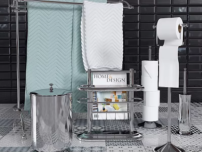 Modern Daily Washing Essentials With Soft Towels Toilet Paper And Metal Shelf 3d model