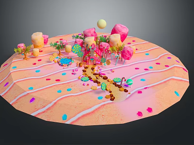 Vibrant Cartoon Scene With Circular Platform Pink Mushrooms Small Houses Colorful Trees Spots And Stripes 3d model
