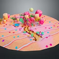 Vibrant Cartoon Scene With Circular Platform Pink Mushrooms Small Houses Colorful Trees Spots And Stripes