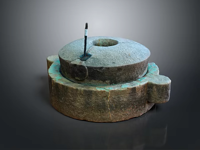 Cow Standing Near Traditional Stone Mill with Metal Rod on Dark Background 3d model
