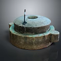 Cow Standing Near Traditional Stone Mill with Metal Rod on Dark Background