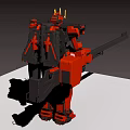 Red Mechanical Robot With Golden Horns Holding Long Weapon And Detailed Design