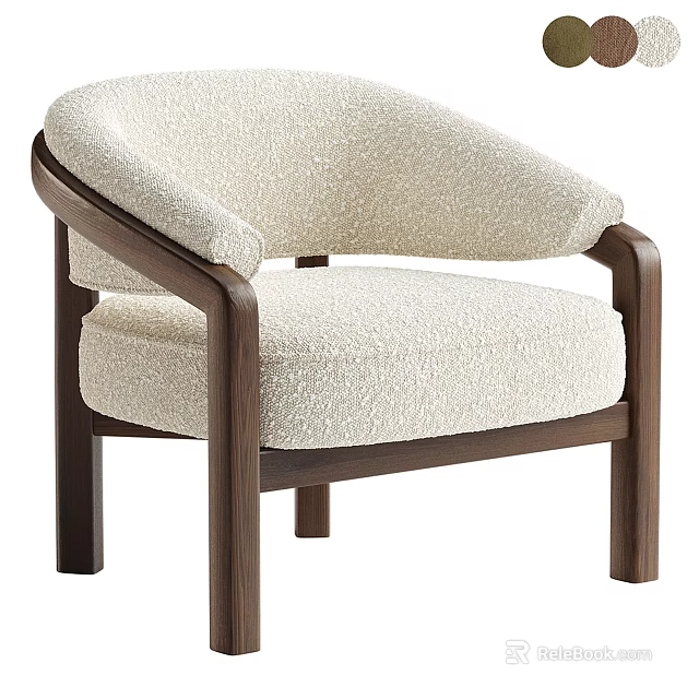 Beige Fabric Upholstered Accent Chair with Walnut Wood Frame and Curved Armrests in Modern Design 3d model 