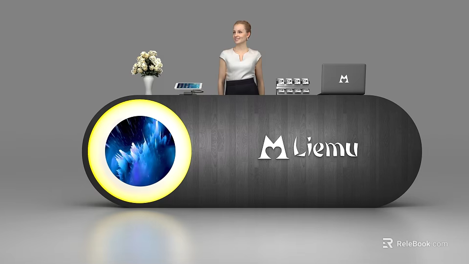 Modern Reception Desk With Liemu Logo Receptionist Flower Vase Tablet And Laptop 3d model 