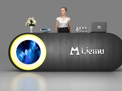 Modern Reception Desk With Liemu Logo Receptionist Flower Vase Tablet And Laptop 3d model