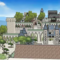 Hand Drawn Medieval Castle Town Landscape With Towers Walls And Trees