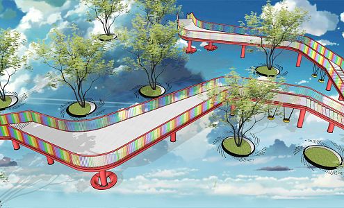 Modern plank road landscape rainbow baluster bridge sketch aerial plank road lookout platform 3d model