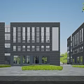 Modern Office Building With Gray Brick Exterior Numerous Windows Symmetrical Design Lawn And Trees