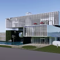 Modern Sales Office Building With Glass Curtain Wall Green Roof And Landscaped Water Feature Garden