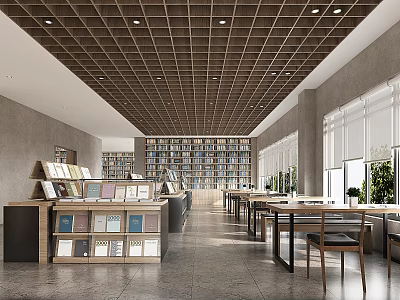 Book Art In Contemporary Library Space With Shelves And Tables 3d model