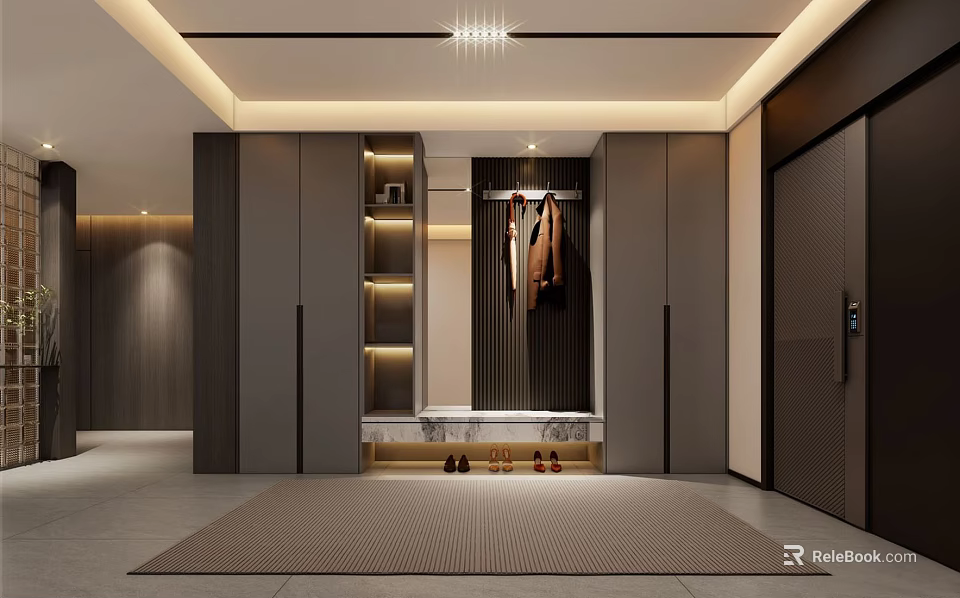 Modern Walk in Closet Interior Design With Dark Cabinets Hanging Area And Shoe Storage 3d model 