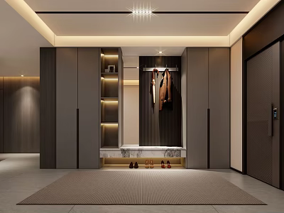 Modern Walk in Closet Interior Design With Dark Cabinets Hanging Area And Shoe Storage 3d model