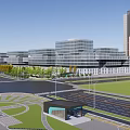 Modern Office Building Complex With Green Roofs Landscaped Areas And Tower Structure