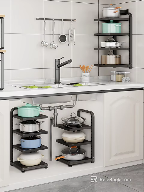Kitchenware Organization In Modern Kitchen With Multi Layer Storage Rack And Pots Dishes 3d model 