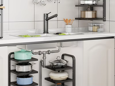 Kitchenware Organization In Modern Kitchen With Multi Layer Storage Rack And Pots Dishes 3d model