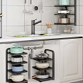 Kitchenware Organization In Modern Kitchen With Multi Layer Storage Rack And Pots Dishes