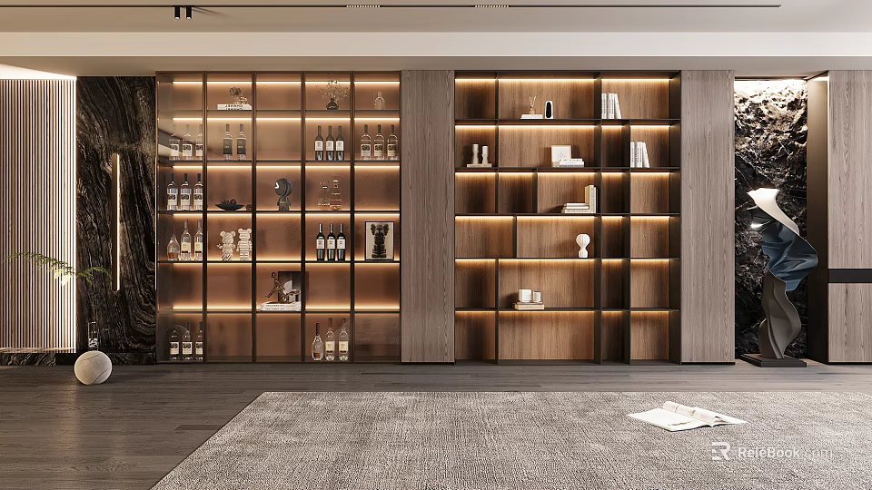 Contemporary Wine Cabinet Design With Wooden Frame LED Lighting Wine Bottles And Decorative Items 3d model 
