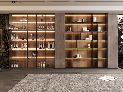 Contemporary Wine Cabinet Design With Wooden Frame LED Lighting Wine Bottles And Decorative Items 3d model