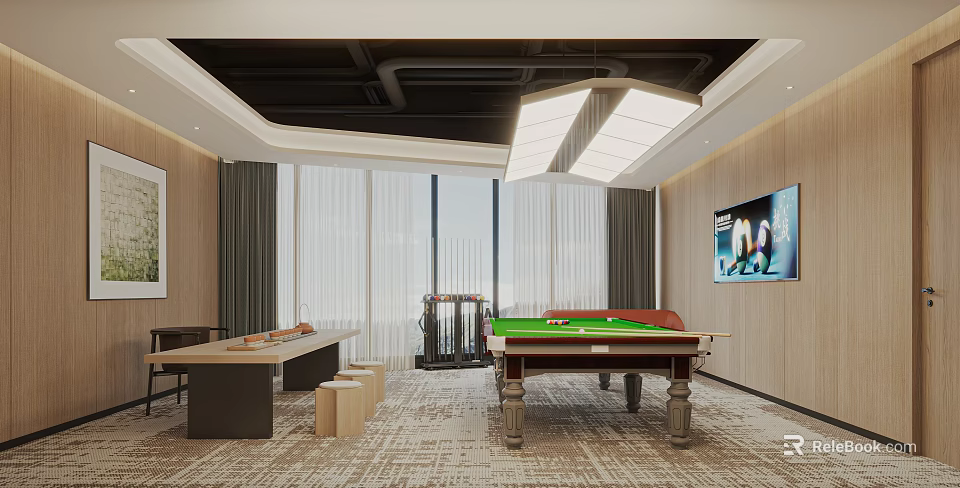 Modern Billiard Room Interior With Billiard Table And TV 3d model