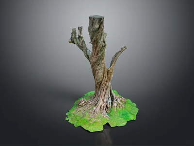 Natural Wooden Tree Stump Decor With Exposed Roots And Green Base 3d model