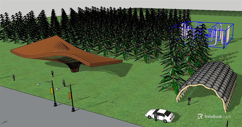 Outdoor Pergola In Park With Green Lawn And Tall Trees 3d model 