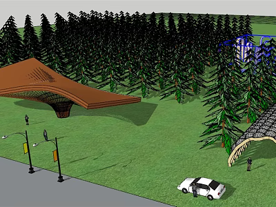 Outdoor Pergola In Park With Green Lawn And Tall Trees 3d model