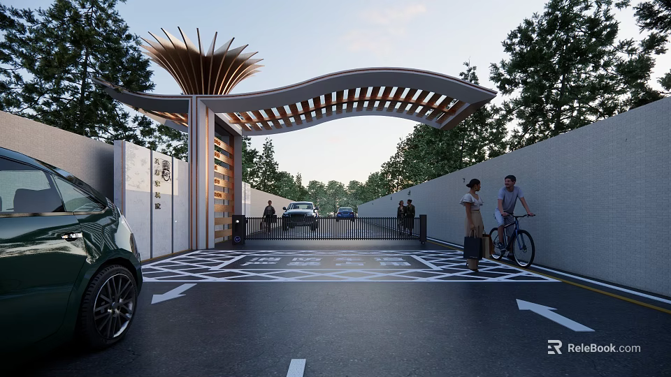 Modern Entrance Gate With Curved Wooden Roof And Driveway For Vehicles And Pedestrians 3d model 